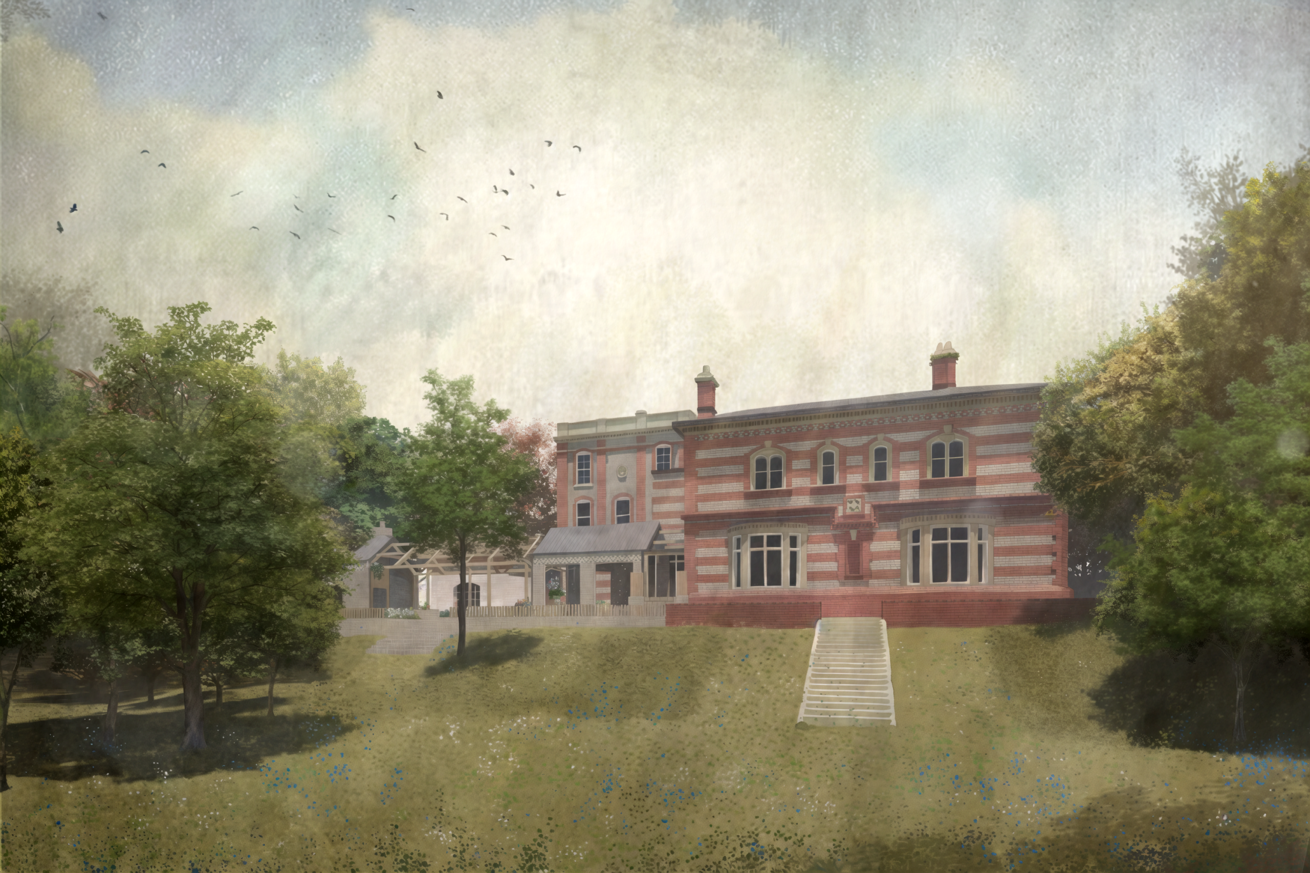 Visualisation of a Victorian villa seen across a lawn with garden steps