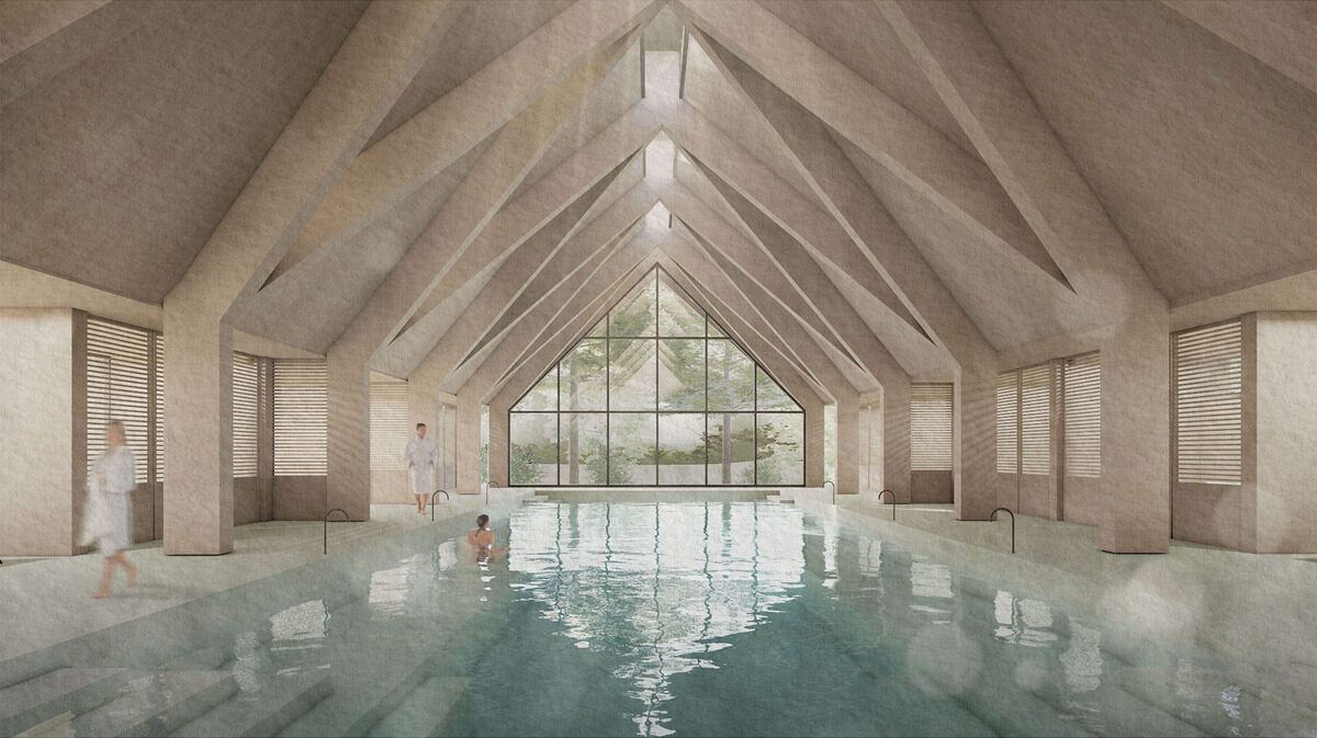 Visualisation of an indoor pool hall with a vaulted timber roof, rooflights and a glazed gable end